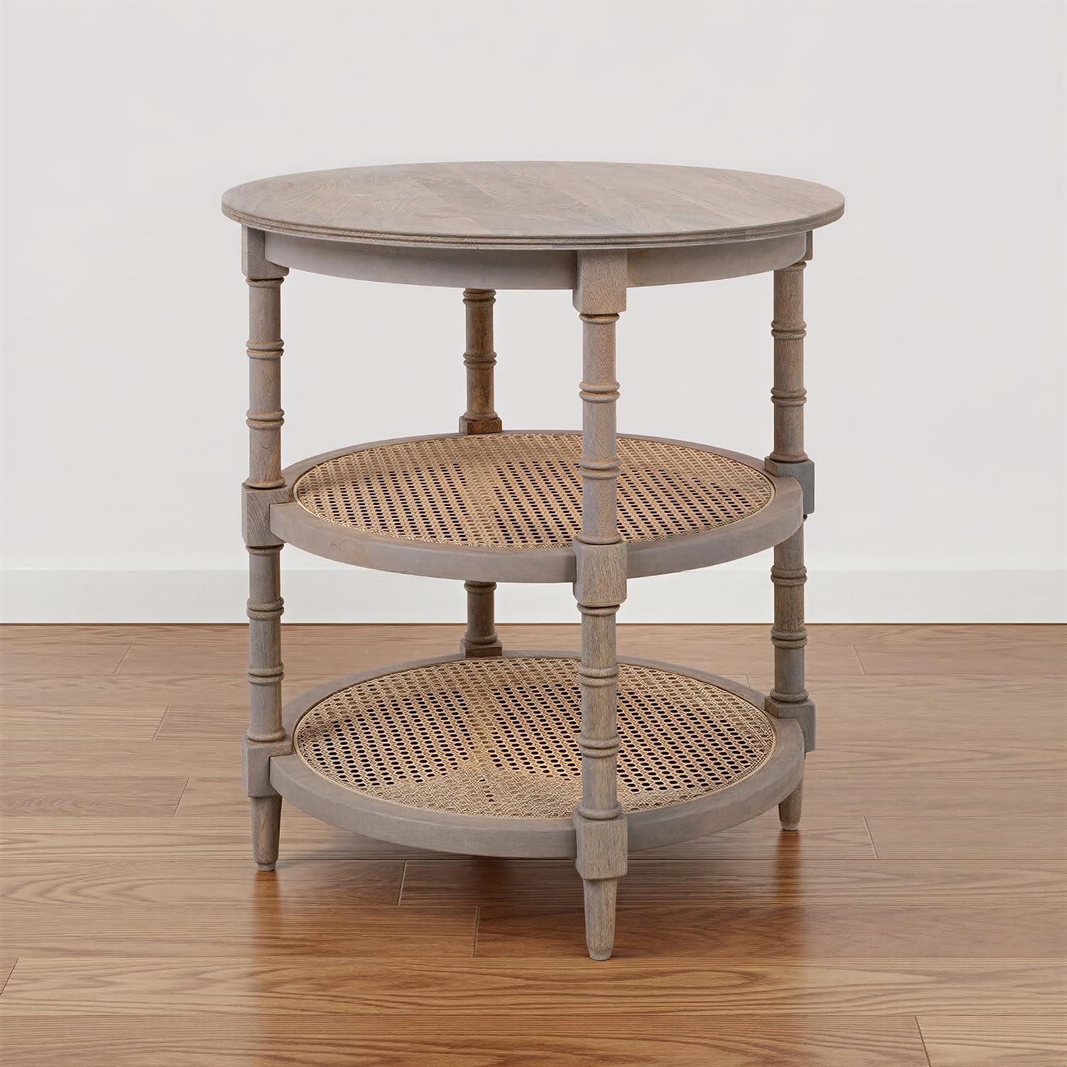 Creative Co-Op Round Solid Wood End Table with 2 Woven Cane Shelves, Grey Washed