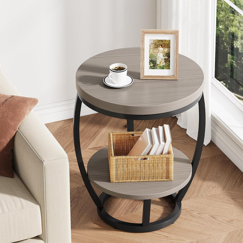 Round End Table Set of 2, 2 Tier Industrial Side Table, Nightstand with Metal Frame, Accent Bedside Table with Storage Shelves for Living Room, Bedroom, Small Spaces, Gray Brown & Black