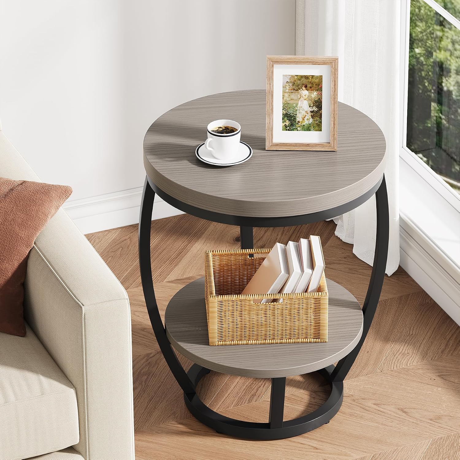 Round End Table Set of 2, 2 Tier Industrial Side Table, Nightstand with Metal Frame, Accent Bedside Table with Storage Shelves for Living Room, Bedroom, Small Spaces, Gray Brown & Black