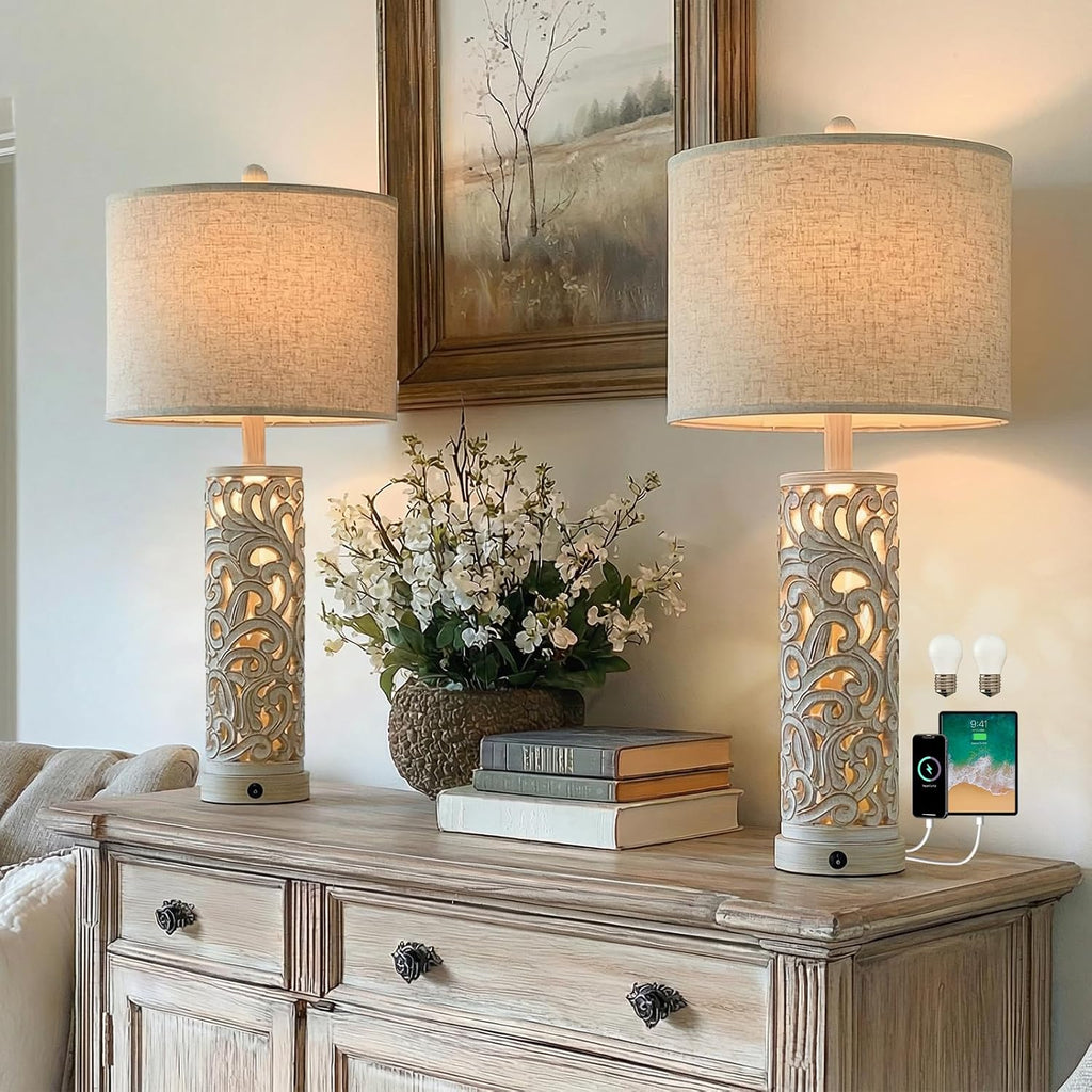 OYEARS 2-in-1 Light Table Lamp Set of 2 for Living Room, 28.5' Farmhouse Bedside Lamps with USB Charging Port, Main&Night Light & Dual Switches, Nightstand Lamp for Bedroom Home Office(Bulb Included)