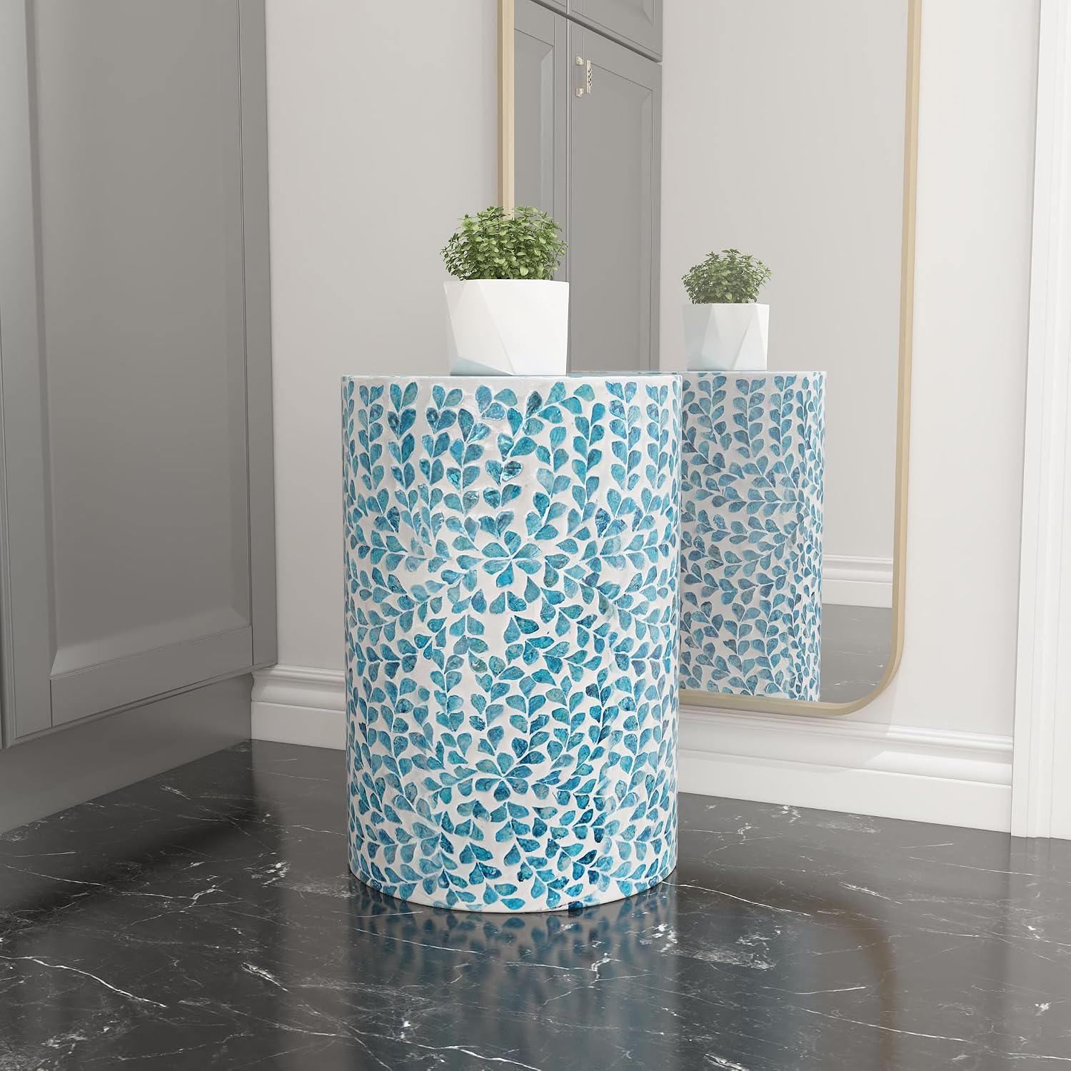 PEMAR Mother of Pearl Inlaid Cylinder Drum End Table Nacre Capiz Shell Side Table Stool Drum Accent Table Coffee Bedside Side Table Round Nightstand and Vanity Stool (Teal Floral)