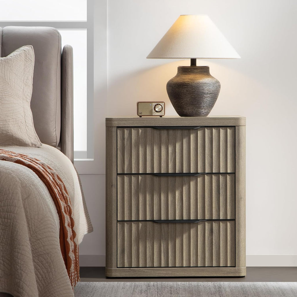 SICOTAS Night Stand Set of 2 Nightstands with 3 Drawers Storage Bedside Table Large Fluted Bed Side End Table Modern 25.6' Tall Wide Night Stands for Bedroom Living Room Sofa Couch Office, Grey Alder