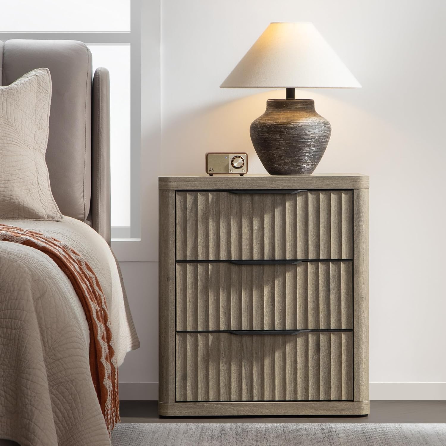 SICOTAS Night Stand Set of 2 Nightstands with 3 Drawers Storage Bedside Table Large Fluted Bed Side End Table Modern 25.6' Tall Wide Night Stands for Bedroom Living Room Sofa Couch Office, Grey Alder