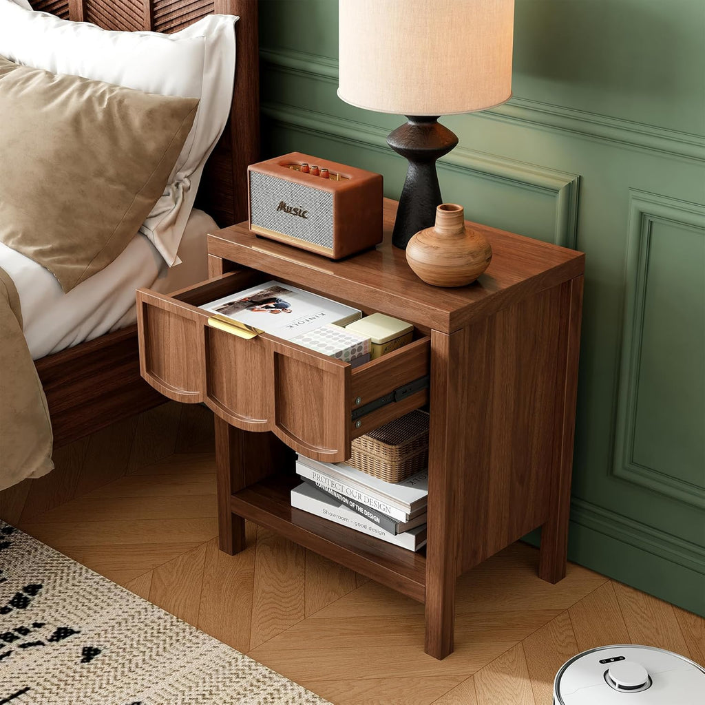 24' Nightstand Set of 2, Solid Wood End Table with Wave Panel Drawer, Mid Century Modern Chest of Drawers, Wooden Side Table Bedside Table for Bedroom, Living Room, Small Space, Walnut