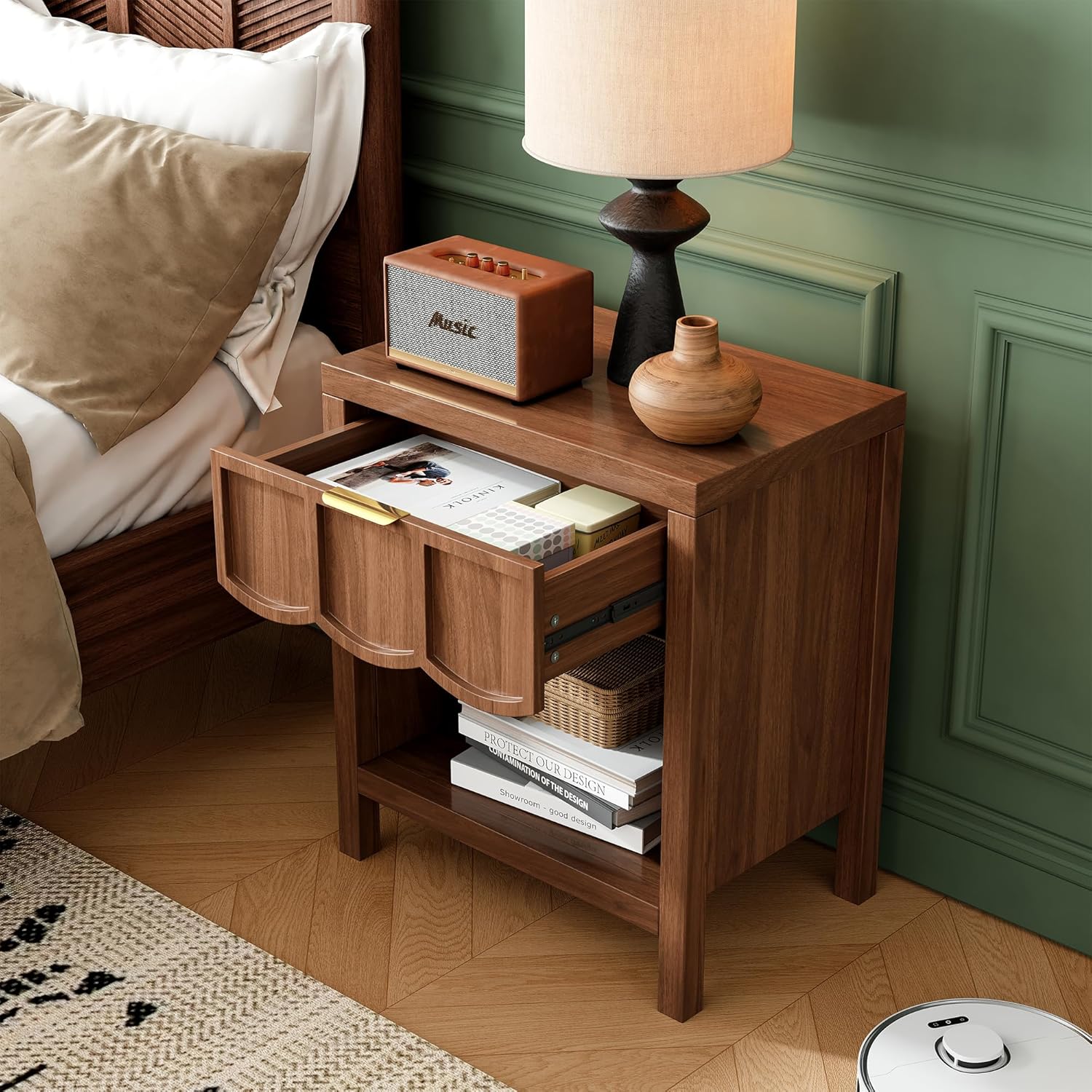 24' Nightstand Set of 2, Solid Wood End Table with Wave Panel Drawer, Mid Century Modern Chest of Drawers, Wooden Side Table Bedside Table for Bedroom, Living Room, Small Space, Walnut