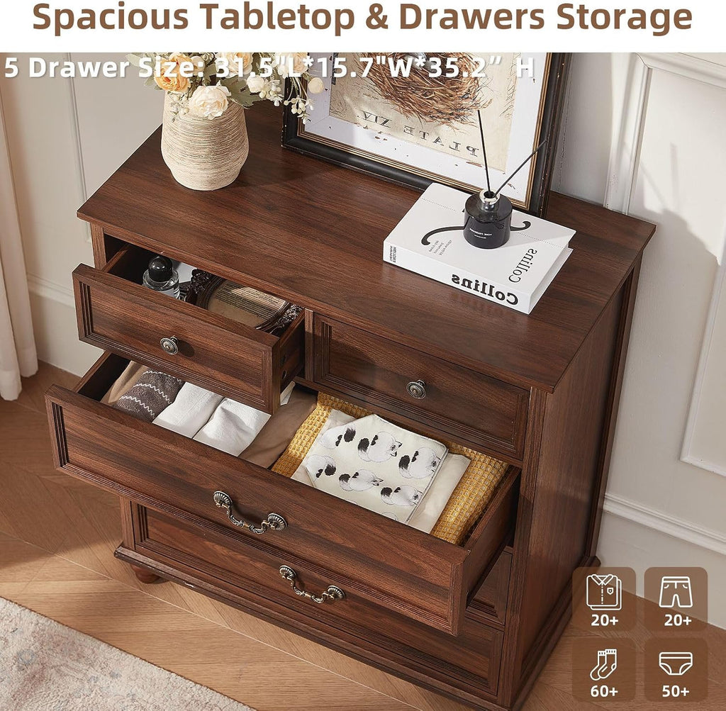 Joaxswe Farmhouse 5 Drawer Dresser Set of 2 for Bedroom, 35' Tall Rustic Chests of Drawers w/ 4 Solid Wood Feet, Mid Century Vintage Wooden Closet Storage Dressers Organizer for Living Room,Brown