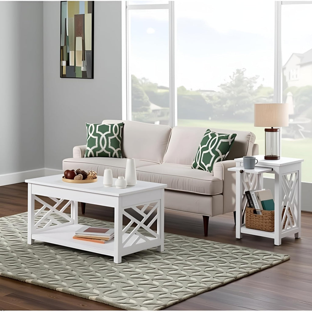Coventry 2-Piece Living Room Table Set – Cottage Style Coffee Table and End Table with Lower Shelves and Pull-Out Tray – for Apartment, Loft, or Teen Room by Alaterre Furniture (White)