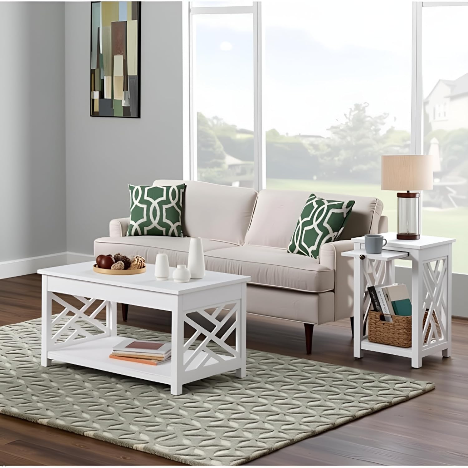 Coventry 2-Piece Living Room Table Set – Cottage Style Coffee Table and End Table with Lower Shelves and Pull-Out Tray – for Apartment, Loft, or Teen Room by Alaterre Furniture (White)