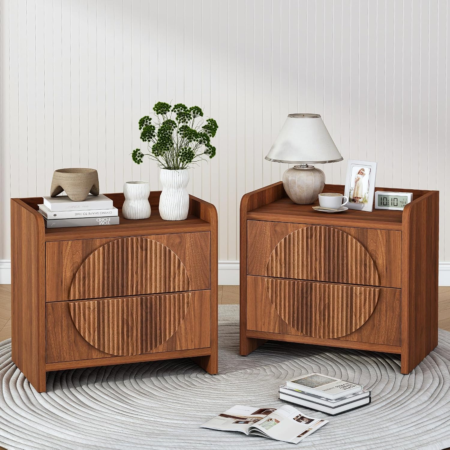 Turtle&Myrtle 24 Inch Wide Fluted Nightstands Set of 2, Large Night Stand with 2 Drawers, Mid Century Modern Bedside Table End Table with Storage for Bedroom, Office (Walnut)