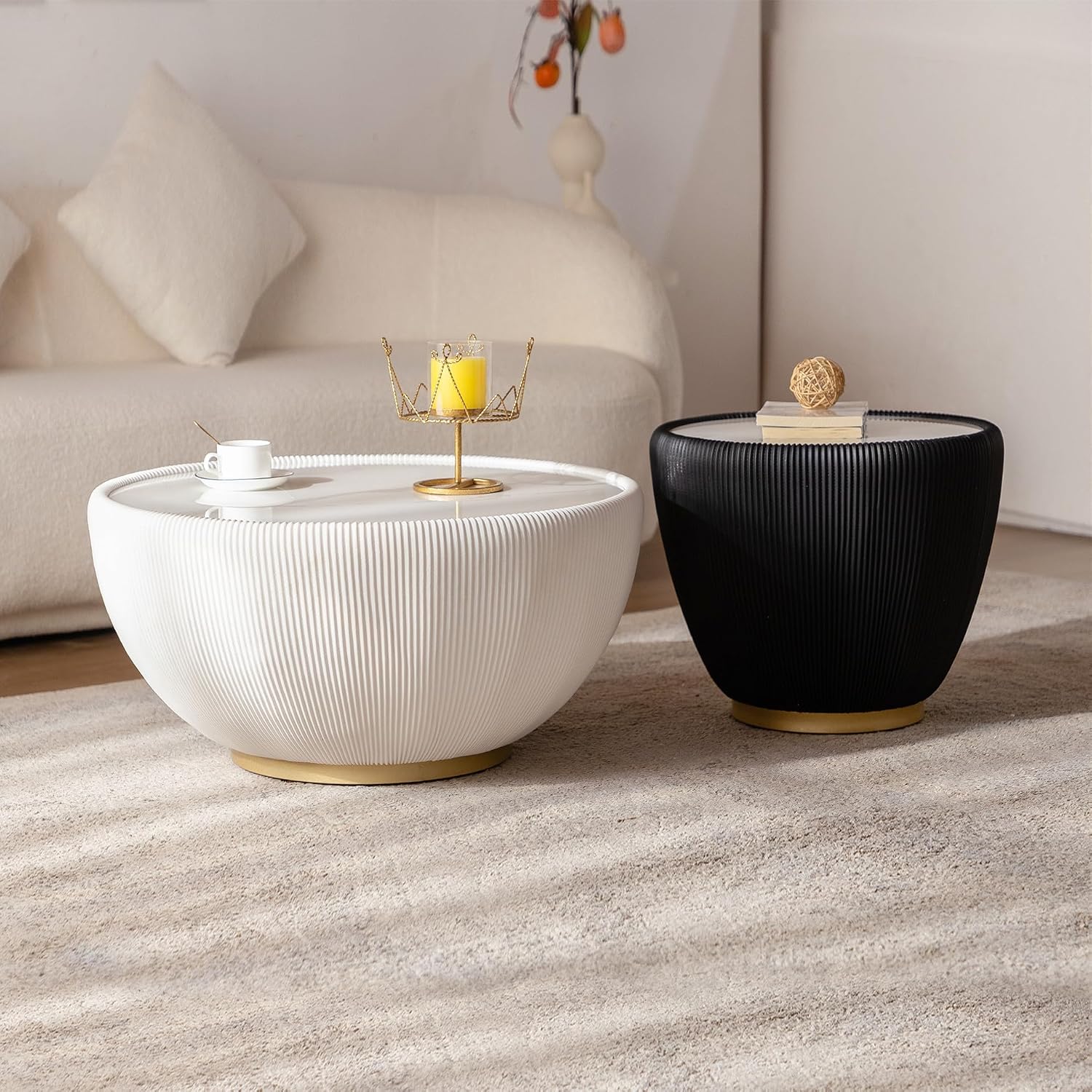 Modern Round Coffee Table Set of 2 Luxury Sintered Stone Top Coffee End Table in White/Black Leatherette Creative Bowl-Shape Small Coffee Side End Tables for Living Room Bedroom