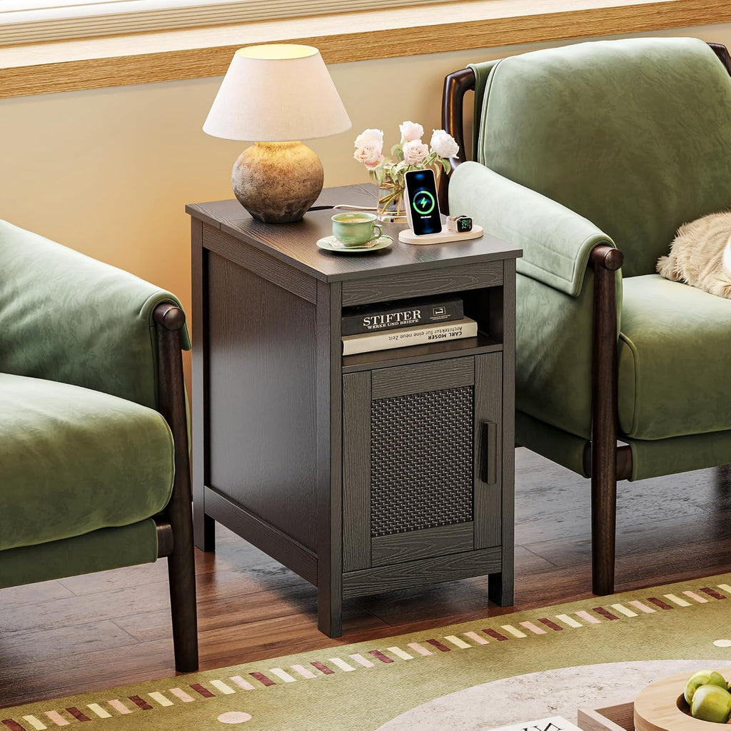 Huuger Narrow Night Stand Set of 2, End Table with Charging Station, USB-C Port, Rattan Side Table with Cabinet and Open Shelf, Synthetic Rattan, for Small Spaces, Bedroom, Black
