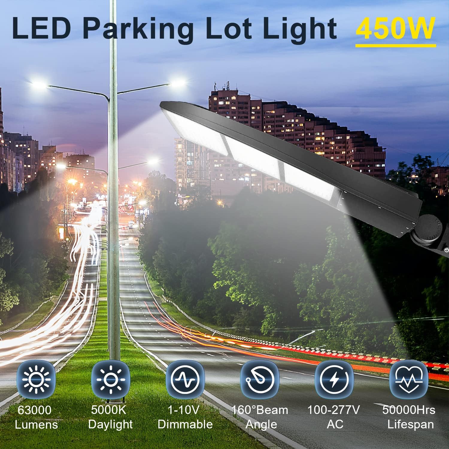 450W LED Parking Lot Light, 63000LM 5000K LED Shoebox Area Light, 0-10V Dimmable Commercial Outdoor Street Lighting (1500W HID/HPS Equivalent), IP65 20KV Surge Protection, AC100-277V UL Listed