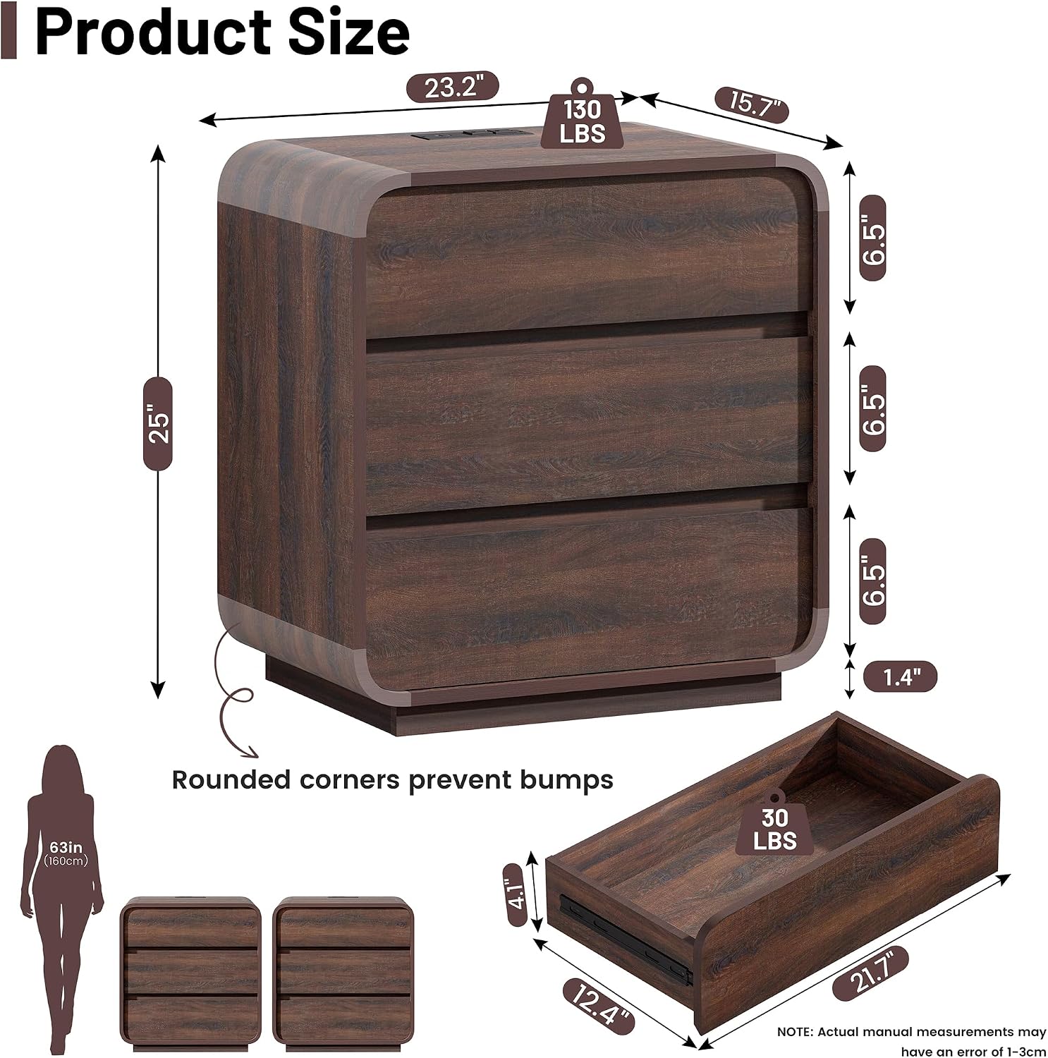 Standifurno Walnut 3 Drawers Nightstand, 25' Tall Wooden Bedside Table with Charging Station, Large Side Table Curved Profile, Handleless, Large End Table Night Stand for Bedroom, Office