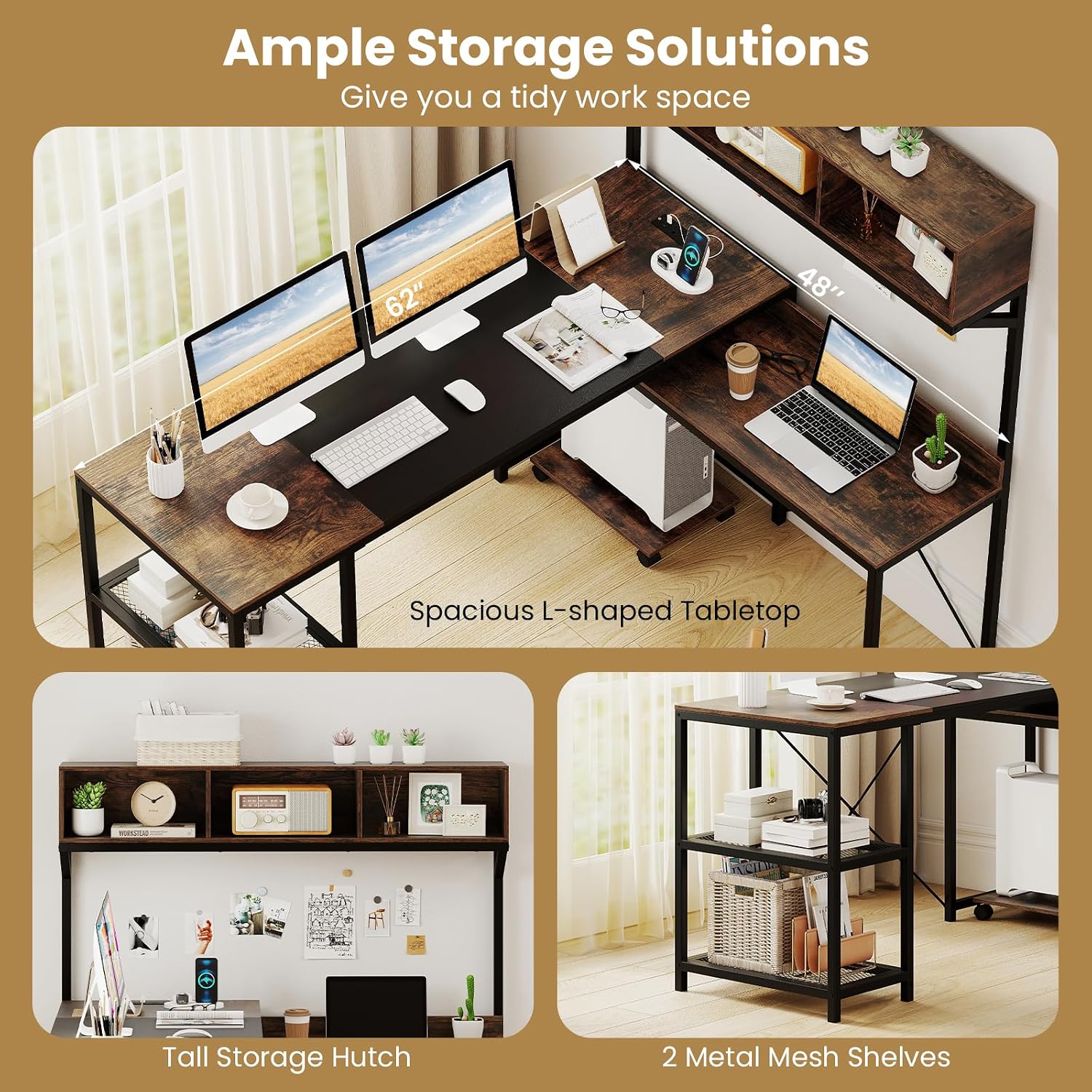 Tangkula 62' Reversible L-Shaped Computer Desk with Hutch & Power Outlets, Corner Computer Desk with 3 Compartments, Shelves & Mobile CPU Stand, Reversible Gaming Table Workstation for Home Office