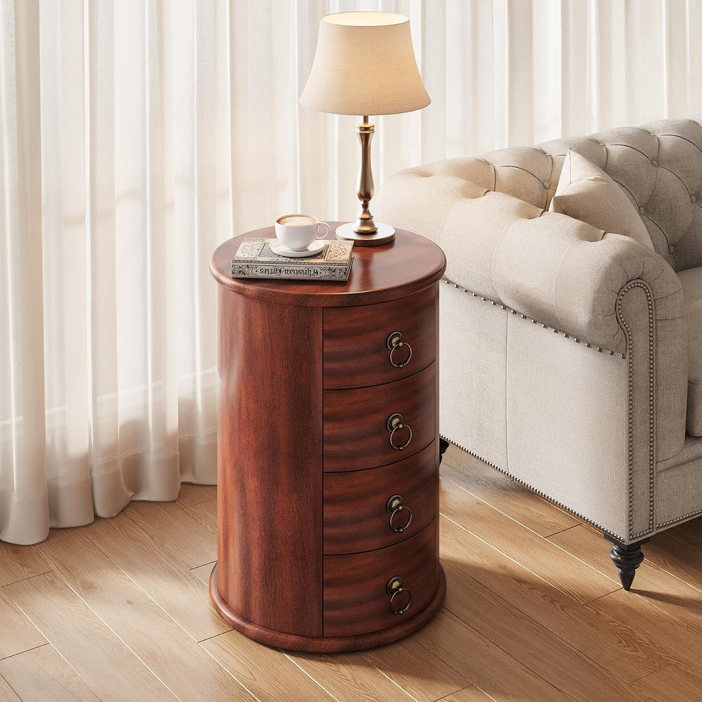 LITTLE TREE Night Stand Set of 2, Small Solid Wood Side Table with 4 Drawers, Mid Century Round End Tables with Storage for Living Room, Bedroom, Small Spaces, Couch, Bedside, No Assembly Required