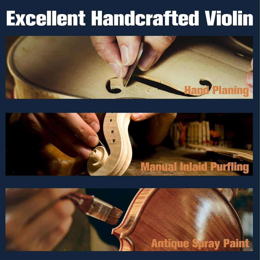 Mendini by Cecilio 3/4 Violin Set For Beginners - Hand Carved Acoustic Violins Kit - Fiddle Solid Wood Kit with Hard Case, Bow, Rosin, Shoulder Rest, Bridge and Extra Strings