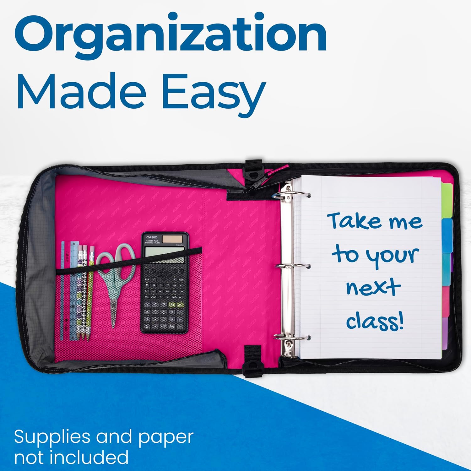Case-it Classic Zipper Binder | 2-Inch O-Rings, 350 Sheet Capacity, Multiple Storage Pockets & Shoulder Strap | School & Office Organizer | D-251 Magenta | 6 Pack
