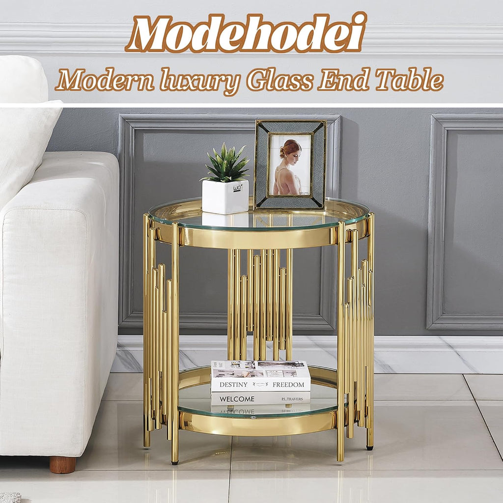 20' Round Glass End Table, 2-Tier Gold Side Table with Stainless Steel Legs and Clear Tempered Glass, Modern Luxury End Table for Living Room Home Office