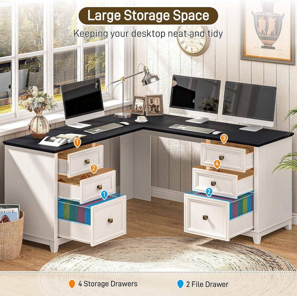 Vabches Farmhouse L Shaped Executive Desk with 6 Drawers, 59'' Wood Home Office Desk with File Cabinet, Writing Corner Computer Desk for Home Office, Work, Study, White and Black