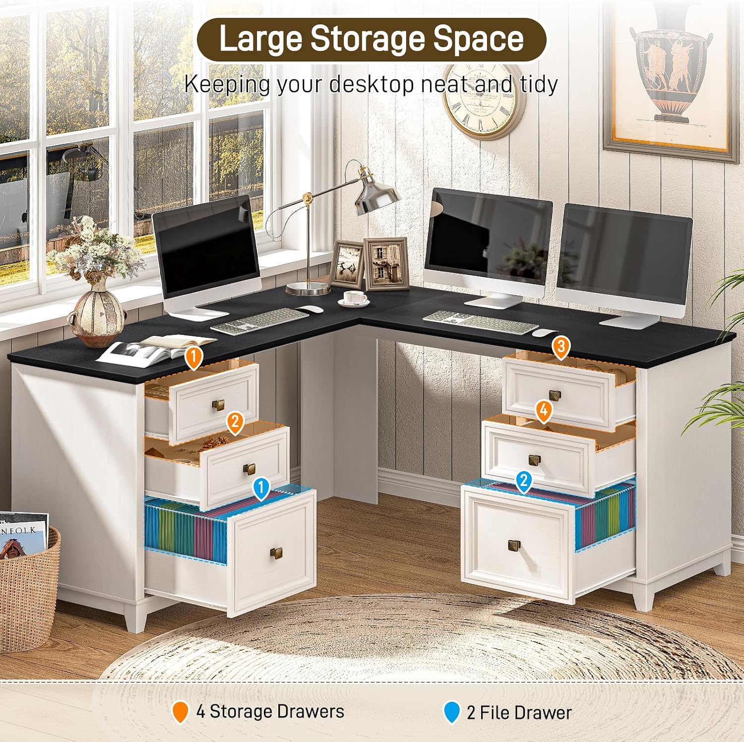Vabches Farmhouse L Shaped Executive Desk with 6 Drawers, 59'' Wood Home Office Desk with File Cabinet, Writing Corner Computer Desk for Home Office, Work, Study, White and Black