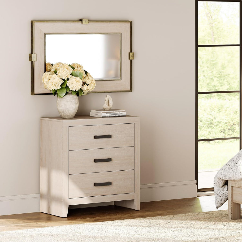 WAMPAT Farmhouse Nightstand with 3 Drawers, Large Wood Bedside Table, Wide Sofa Side End Table, Storage Organizer Chest for Living Room, Bedroom, Hallway, Beige, 32 Inches