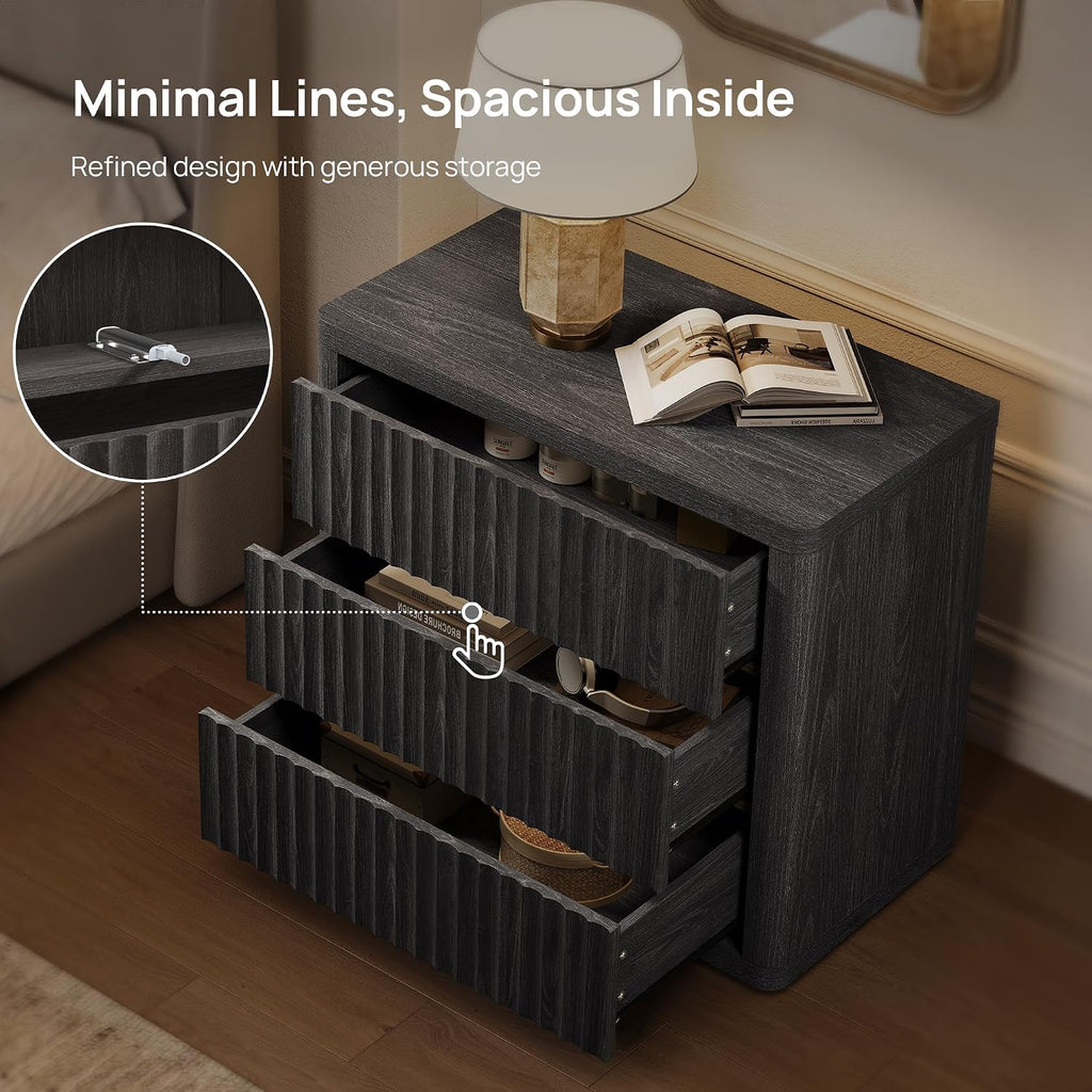 SICOTAS Night Stand Oversized Extra Large Nightstand with 3 Drawers Side Table with Storage Modern Bedside Table 27.5' W Nightstands for Bedroom Fluted End Table for Dorm Room Sofa Couch Home Office
