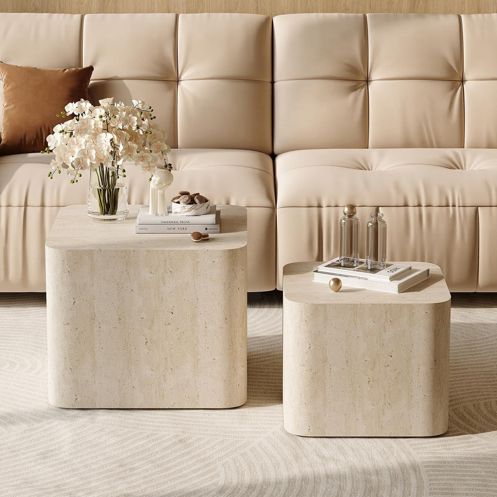 Nesting Coffee Table Set of 2, Modern Coffee Table and End Table Sets, Small Wooden Nesting Side Tables for Living Room Bedroom Apartment(Travertine)
