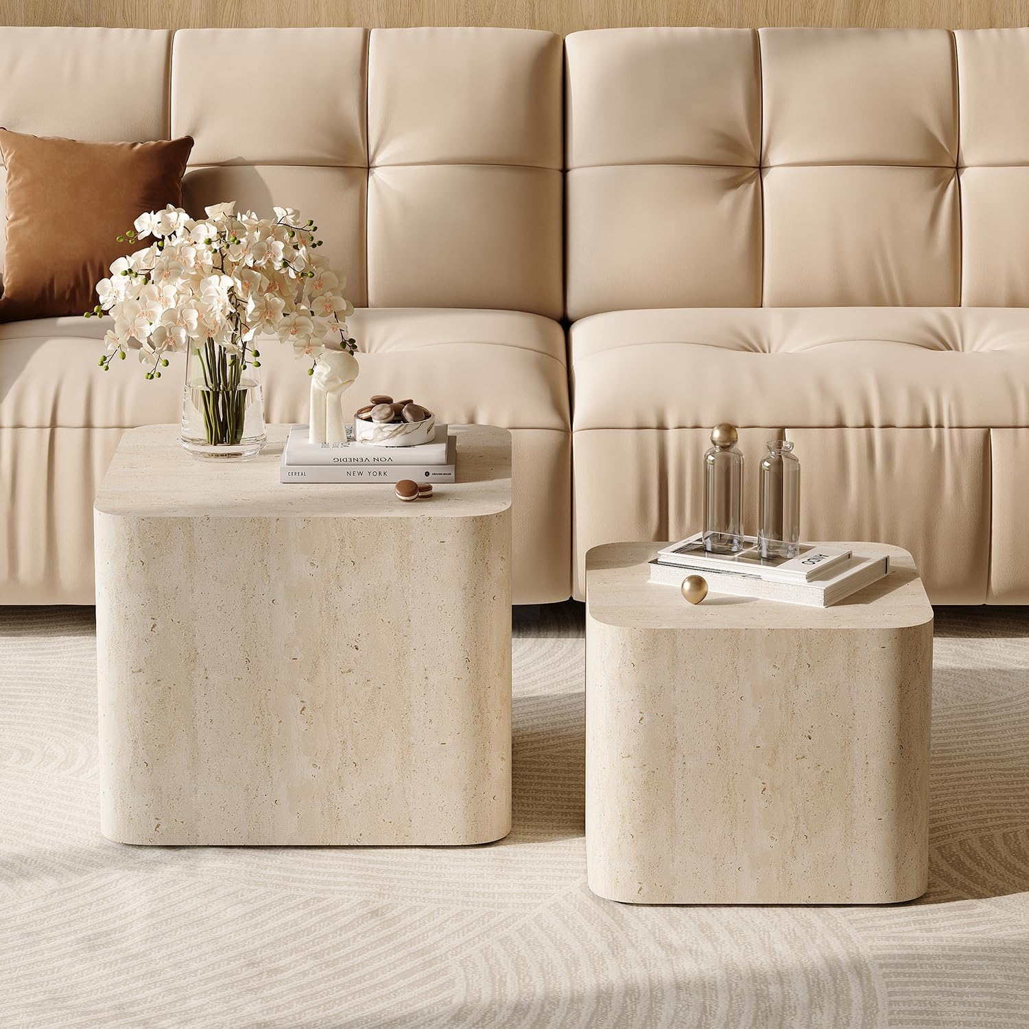 Nesting Coffee Table Set of 2, Modern Coffee Table and End Table Sets, Small Wooden Nesting Side Tables for Living Room Bedroom Apartment(Travertine)