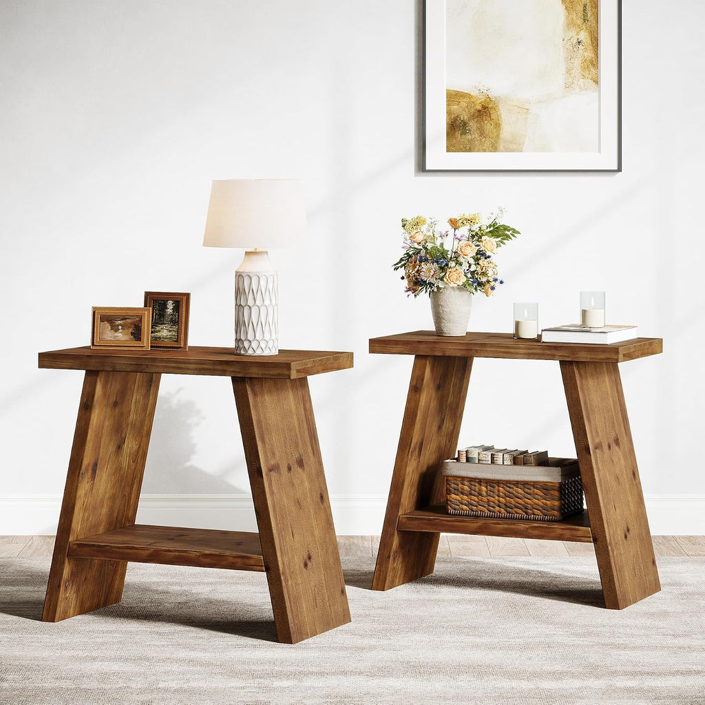 Solid Wood End Table for Living Room Set of 2, Narrow Small Side Table with 2-Tier Storage, Farmhouse Bedside Nightstand for Bedroom, Small Places, Rustic Brown (2 PCS)