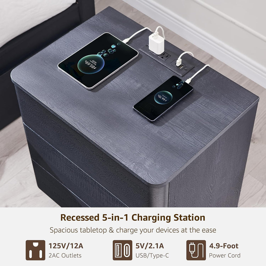 ACCOHOHO 22' Modern Nightstand with Charging Station, Push-to-Open Handleless 3 Drawers Bedside Table, Large End Table with Storage, Night Stand for Bedroom, Living Room, Curved Profile, Black