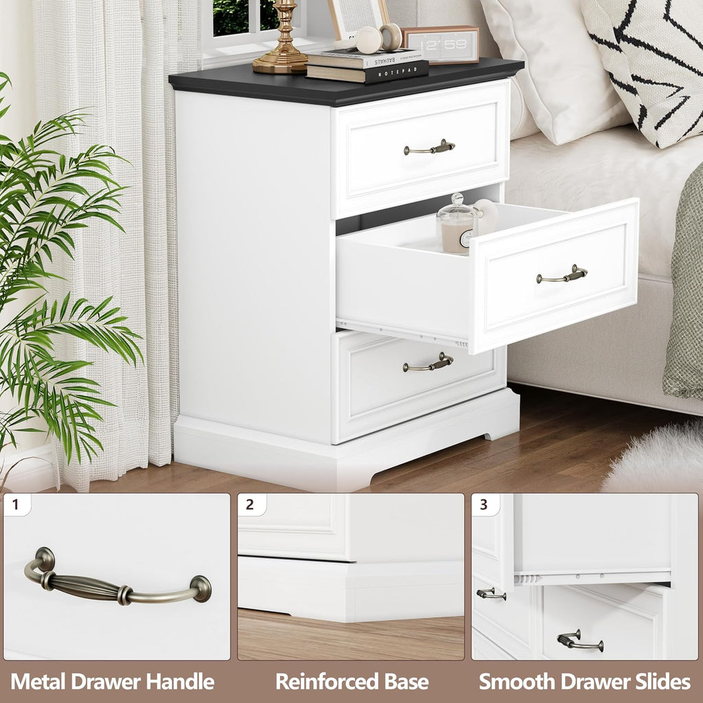 Nightstand with 3 Large Drawers,24' Wide End Table with Metal Handles,Rustic Farmhouse Wood Small Dresser,Bedside Table,Modern Chest of Drawers for Bedroom,Living Room,White