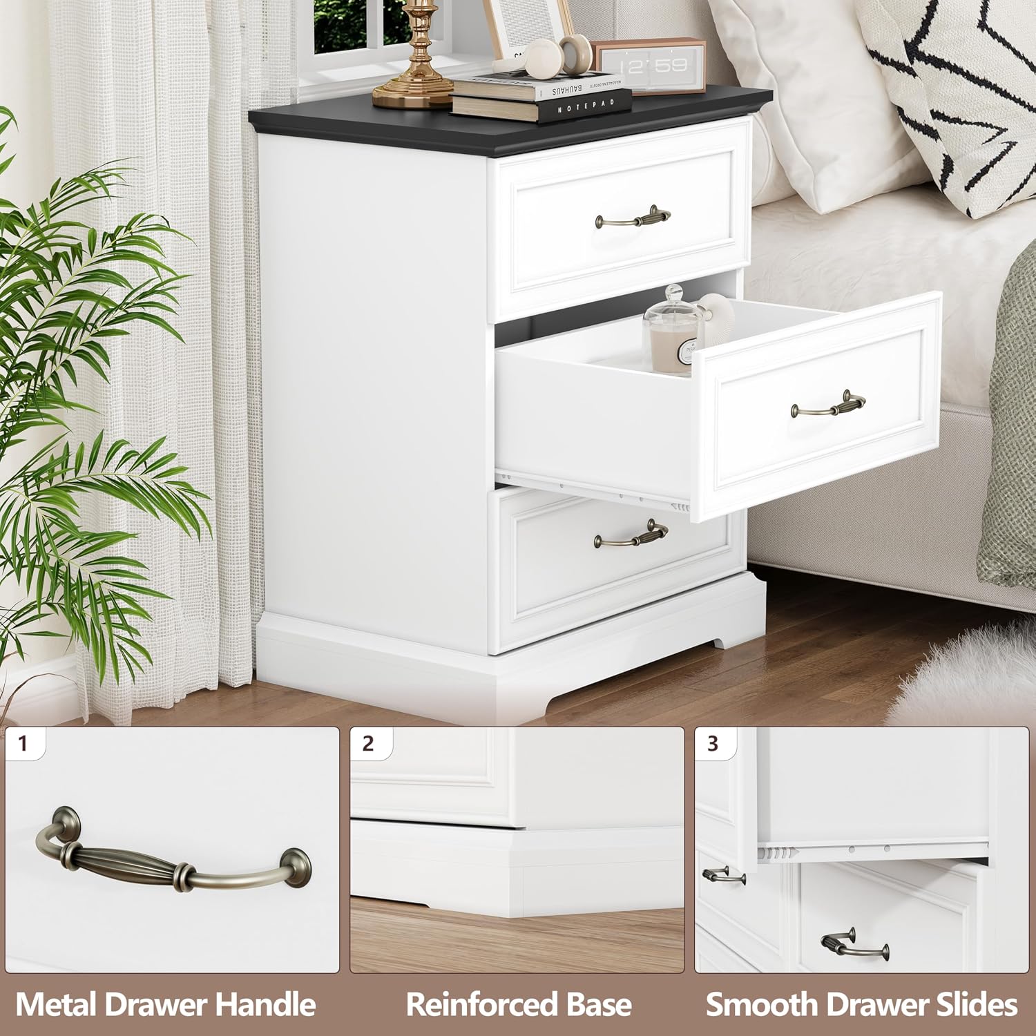 Nightstand with 3 Large Drawers,24' Wide End Table with Metal Handles,Rustic Farmhouse Wood Small Dresser,Bedside Table,Modern Chest of Drawers for Bedroom,Living Room,White