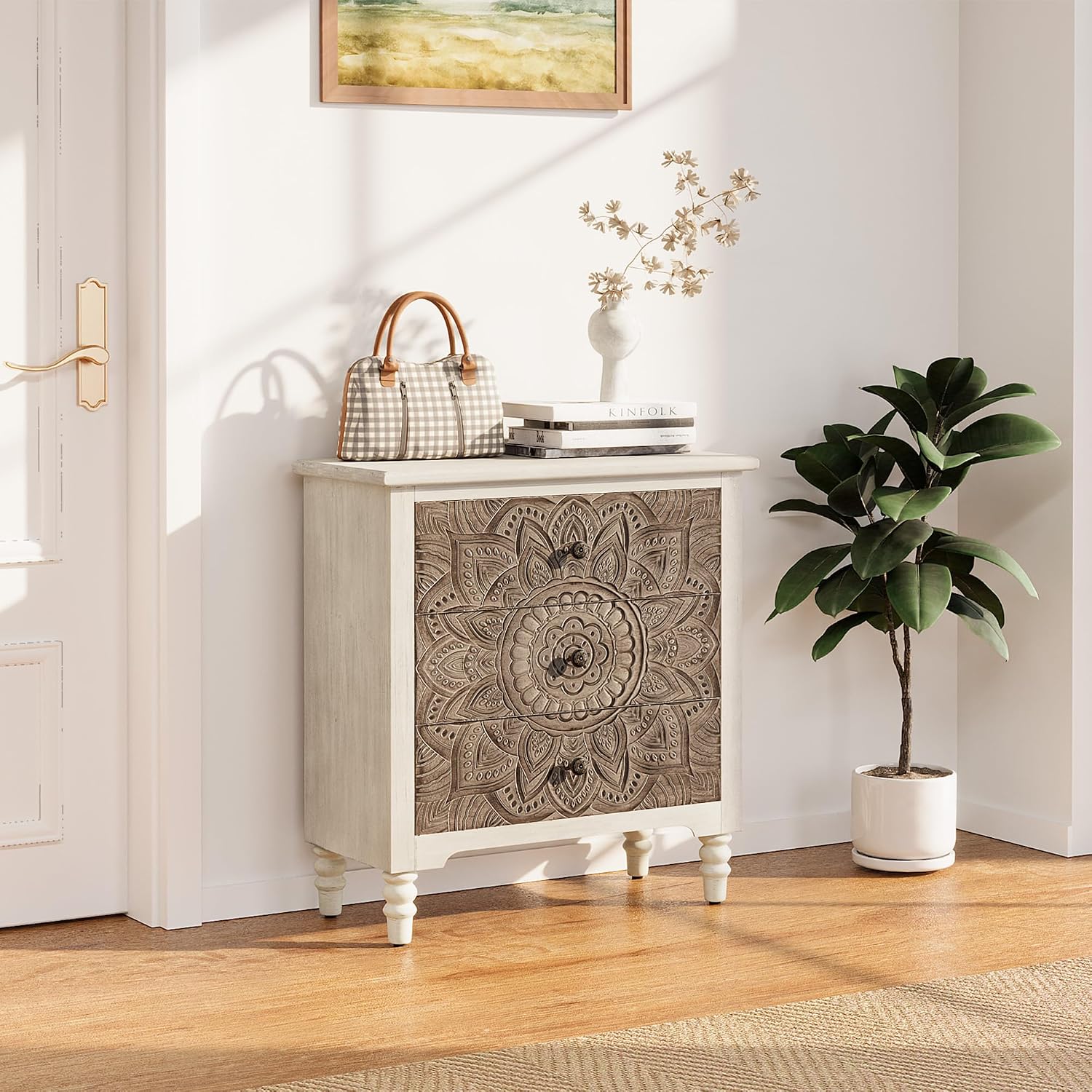 COSIEST 3 Drawers Nightstand Set of 2, Accent Dresser, 29'' Tall Wood Vintage Small Accent Chest, Bedside Table,Bedroom Furniture for Home, Entryway (Lotus Pattern)