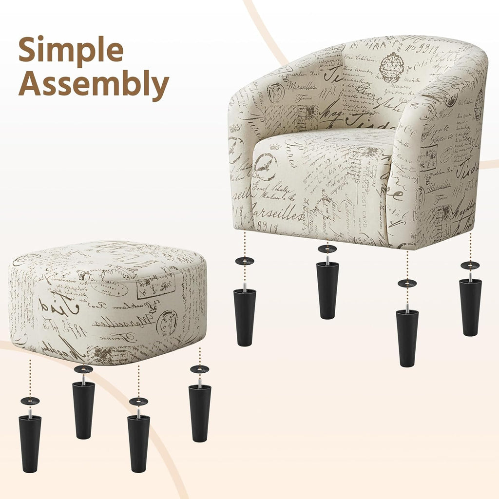 Yaheetech Accent Chair with Foot Rest, Mid Century Modern Upholstered Soft Barrel Chair, Comfy Fabric Armchair and Footrest Set for Living Room/Bedroom/Reading Room, Set of 2 Letter Print