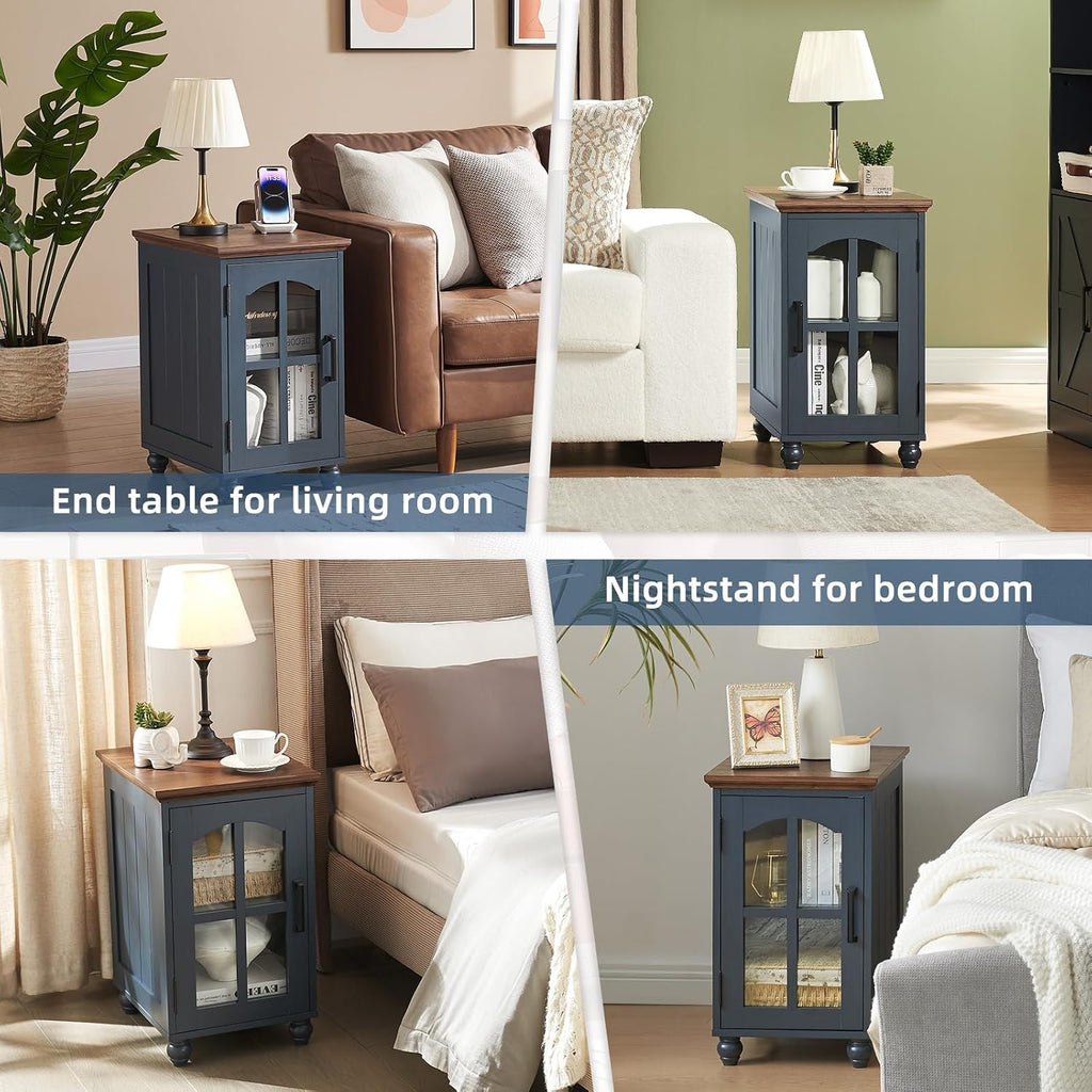 RWYHG Farmhouse End Table Set of 3 with Charging Station, 18'' Narrow Side Table and 24' Large Sofa Side Table with Glass Barn Door Storage, Wood Night Stand Bedside Table for Living Room,Bedroom