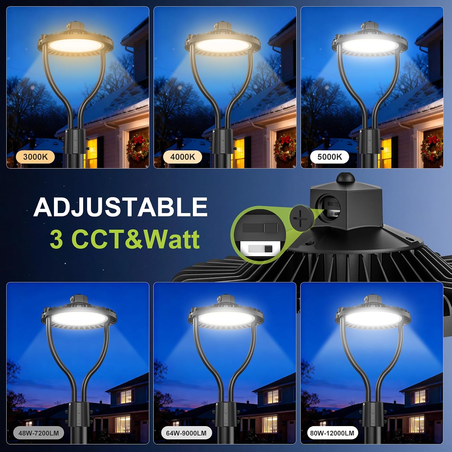Commercial LED Post Top Light, 80W/64W/48W & 3000K/4000K/5000K Selectable, ETL Listed, 12000LM Post Circle Area Lights with Photocell, IP65 Waterproof for Yard Street, AC100-277V