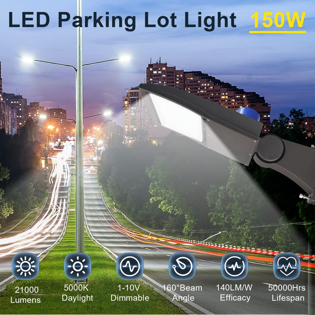 150W LED Parking Lot Light with Dusk to Dawn Photocell, 21000LM 5000K [Eqv. 700W HPS] LED Shoebox Light with Direct Arm Mount, Dimmable Outdoor Area Street Lighting, IP65 AC100-277V UL Listed