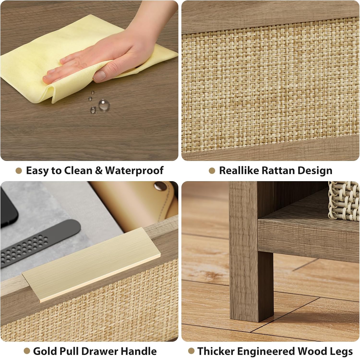 Eclatara Rattan Nightstand Set 2: Boho End Table with Drawer and Storage Shelf, Farmhouse Cane Accent Bedside Night Stands for Bedroom Small Space Sofa (2, Caramel Oak)