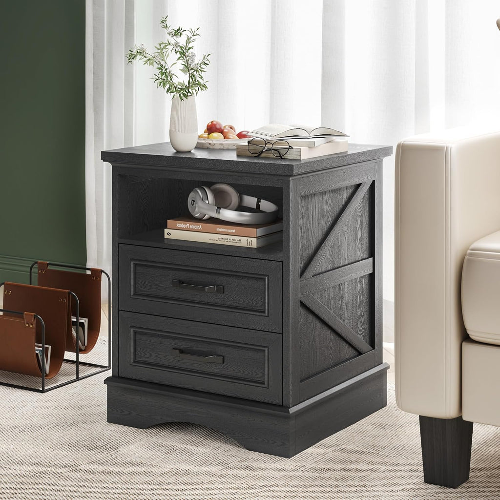 Fluest 24' Tall Farmhouse Nightstands Set of 2, Night Stands with Fast Charging Station, Beside Tables with Drawers and Open Storage, Rustic End Tables for Bedroom, Antique Black