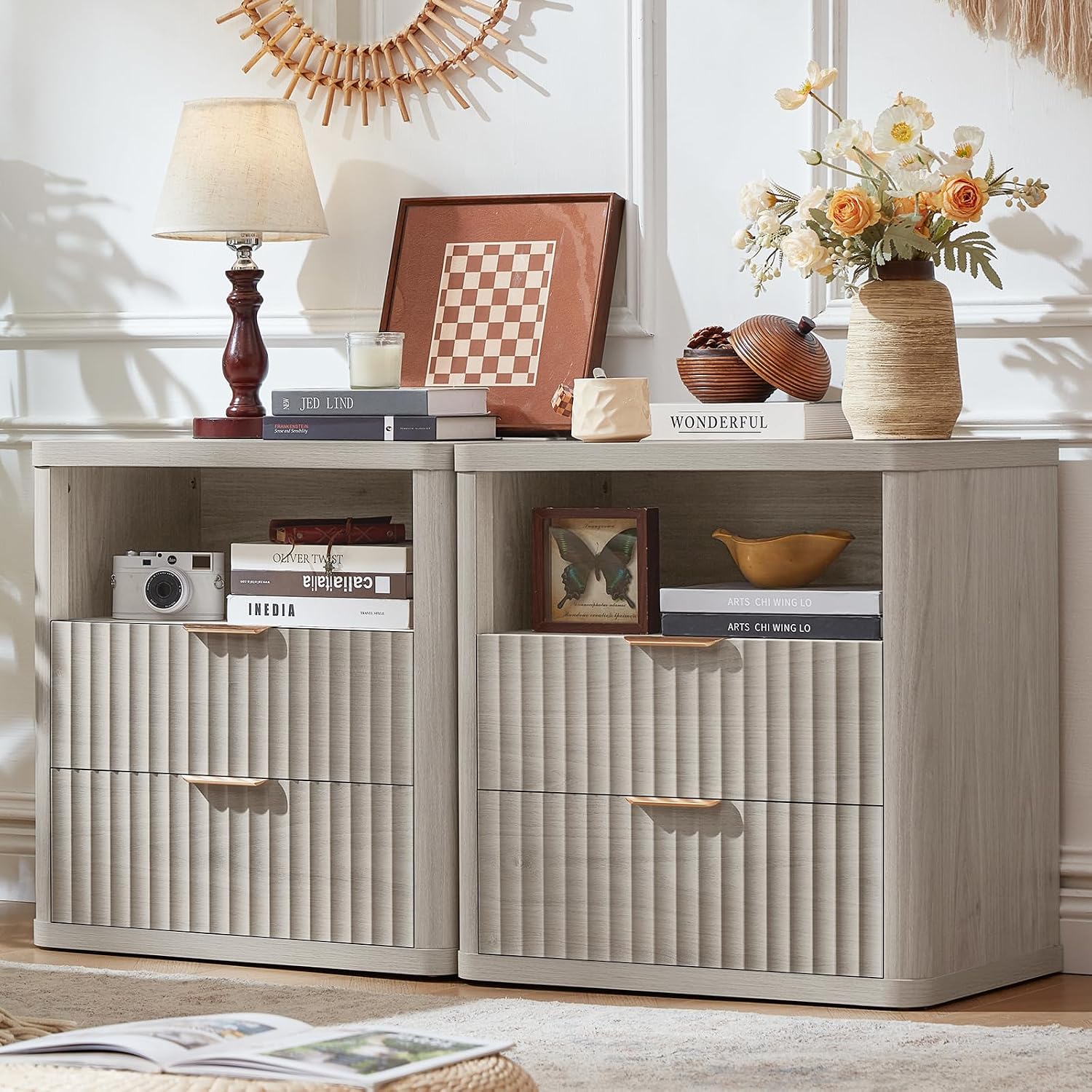 LEYAOYAO Fluted Farmhouse Nightstand Set of 2 with Charging Station, 23' Wide 2 Drawers Night Stand,LightGrey Dresser for Bedroom,Bed Side Table Chest of Drawers,Wood End Table for Living Room