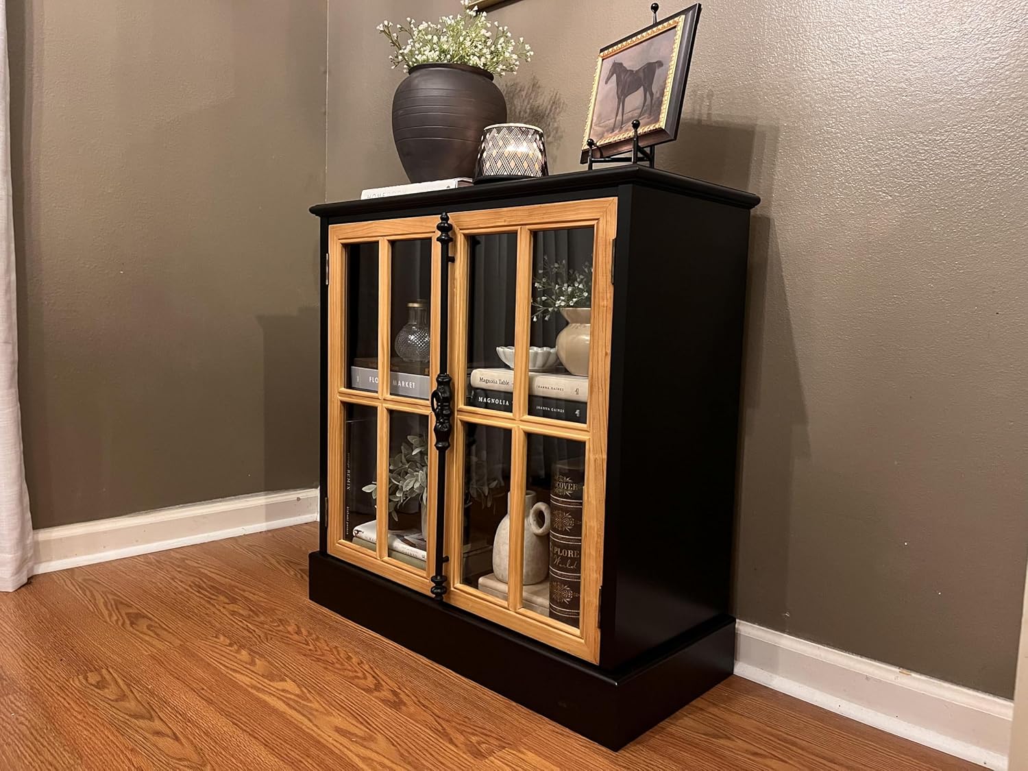 MAISON ARTS Accent Cabinet with 2 Doors, Farmhouse Decorative Storage Cabinet for Entryway Living Room Modern Kitchen Sideboard Buffet Cabinet, Solid Wood Frame, Glass Doors Black