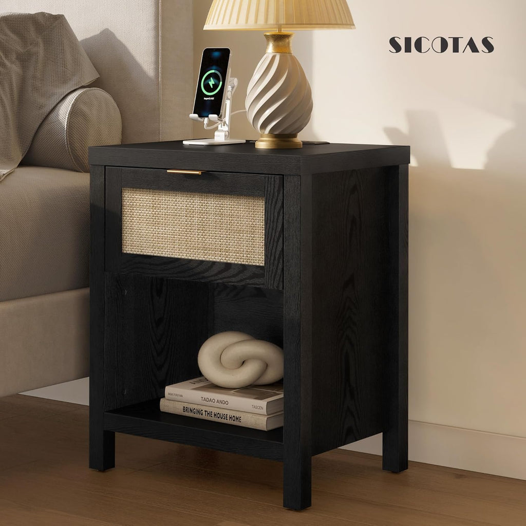 SICOTAS Black Nightstands Set of 2 with Charging Station - Rattan Night Stand with Drawer, Modern Bedside Table with USB and Type-C Ports, Bed Side Tables for Bedroom, Black Oak, 2 PCS