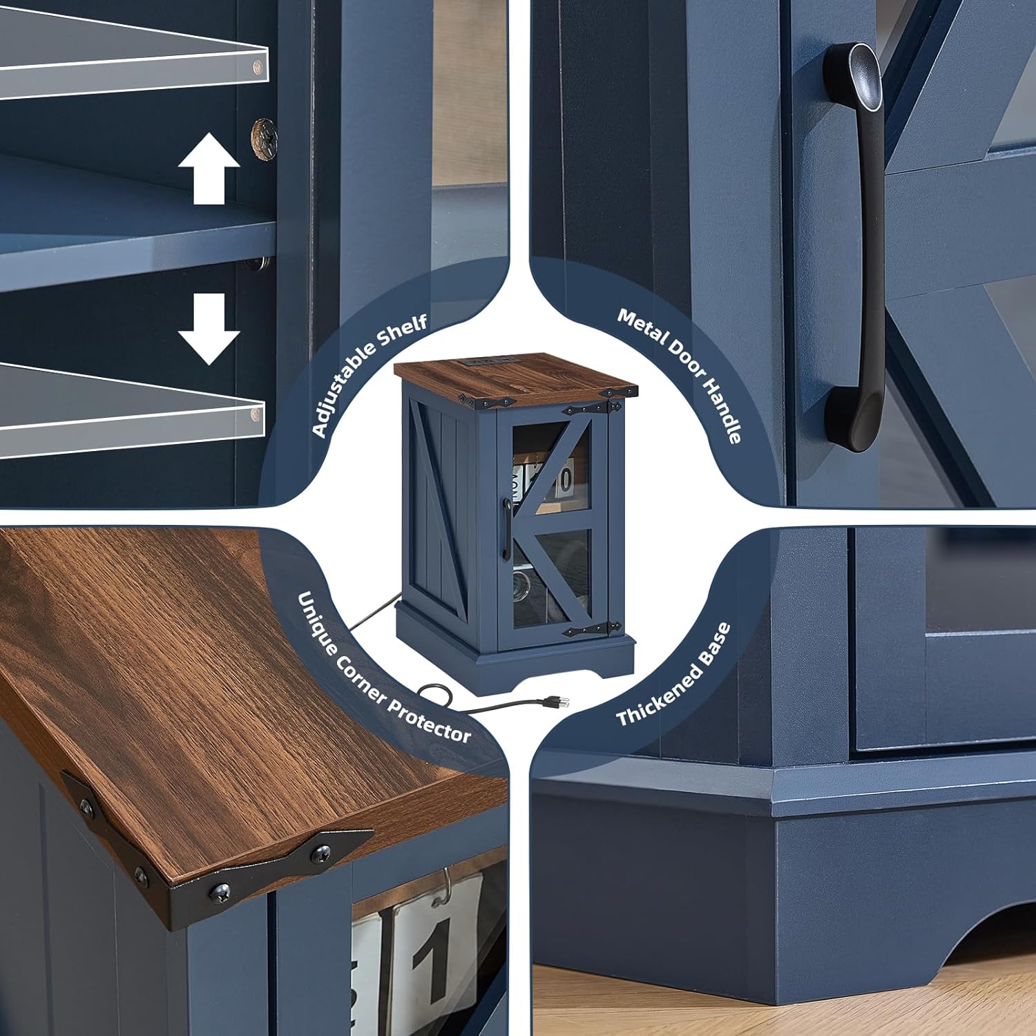 Joaxswe Narrow Night Stand Set 2 with Charger Station, Farmhouse Side End Table with Glass Barn Door Storage, Bedside Tables,Navy Blue Nightstand Cabinet Organizer for Small Spaces Living Room Bedroom