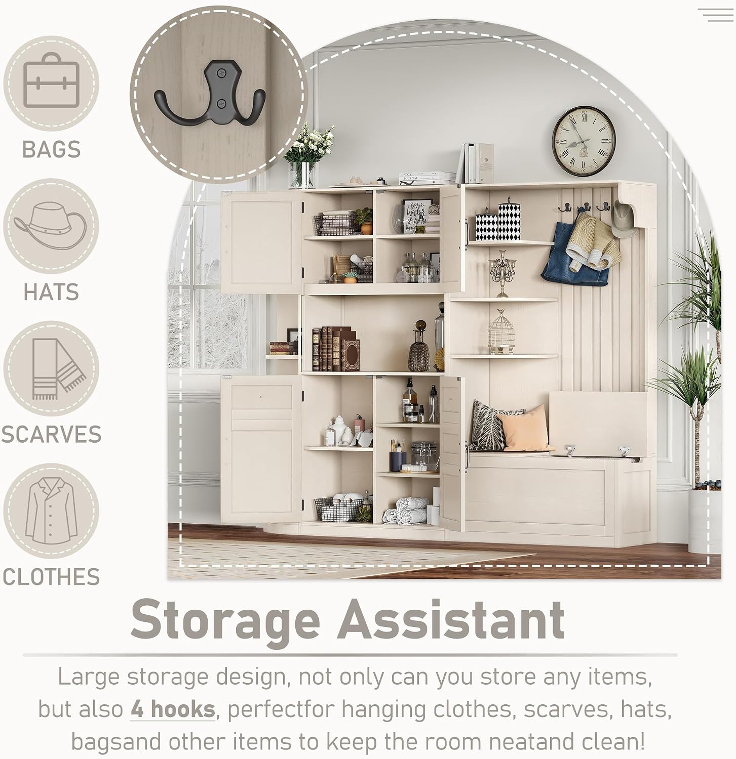 Multifunctional Hall Tree with Shoe Bench & Storage Cabinet,2-in-1 Left-Right L-Shaped Corner Entryway Cabinets with Coat Rack & Open Shelves,Modern Storage Organizer for,Living Room (Beige)