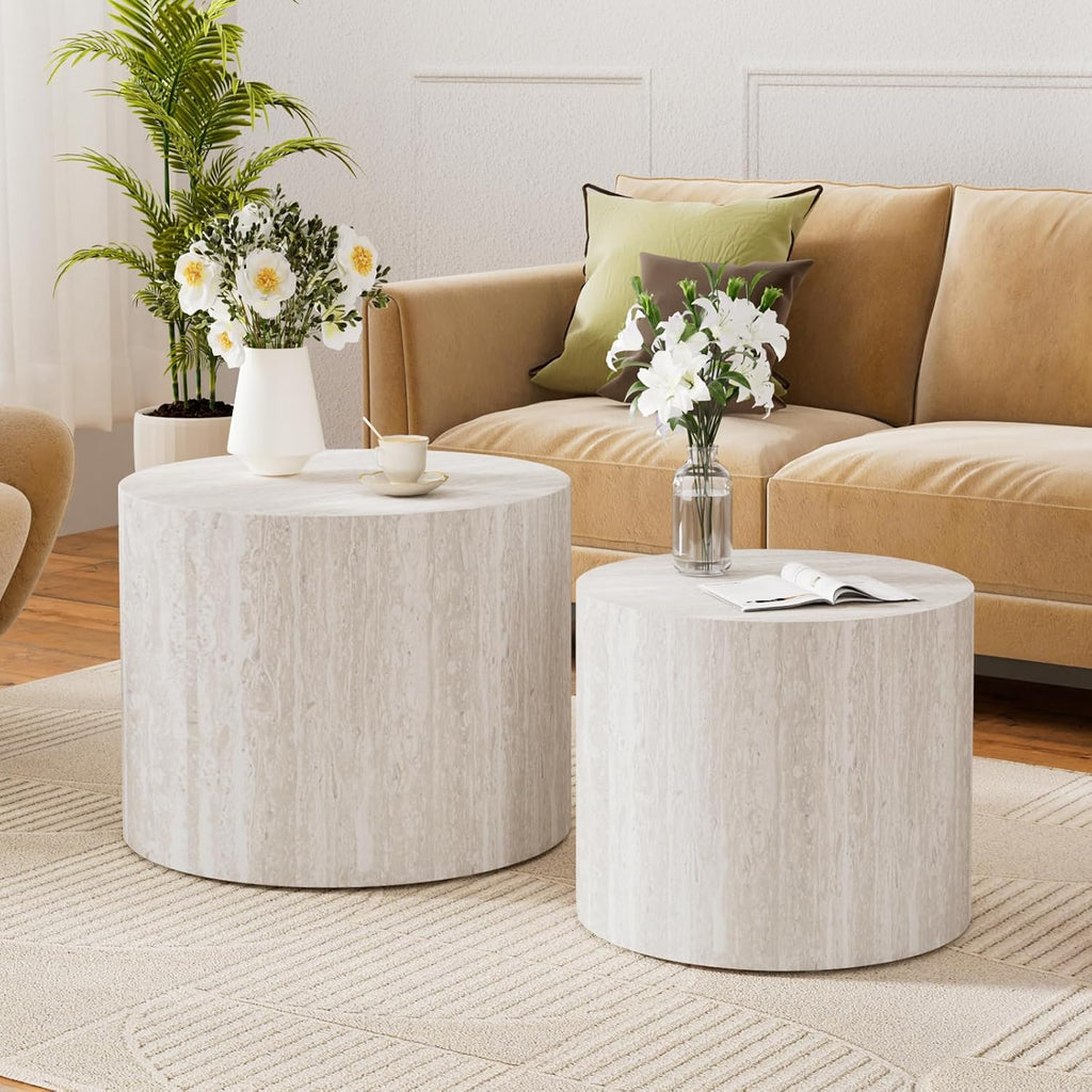 WXFKLDJ Round Nesting Coffee Table Set Cylindrical Wooden Coffee Table Sofa Center Table Circle Embossed Design Side Table for Living Room Apartment No Assembly (Marble)