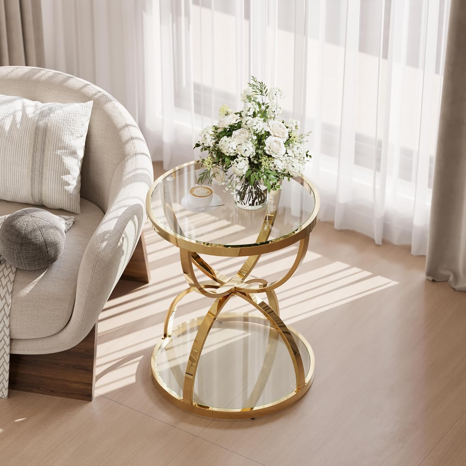JIJIWANG 2 Tier Round Glass Side Table with Metal Frame and Clear Tempered Glass, 24.02' H Ring-Shaped Coffee Table for Living Room, Bedroom and Office, Gold