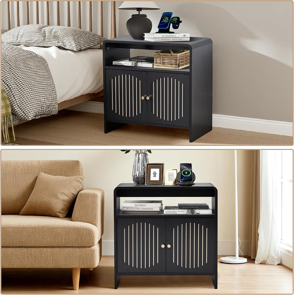 23.6' Modern Black Nightstand Set of 2 with Chariging Station 2AC+USB+Type-C, Classic Striped Side Table with Door+Storage Shelf, Rectangle End Table for Living Room, Bedroom (2, Black)