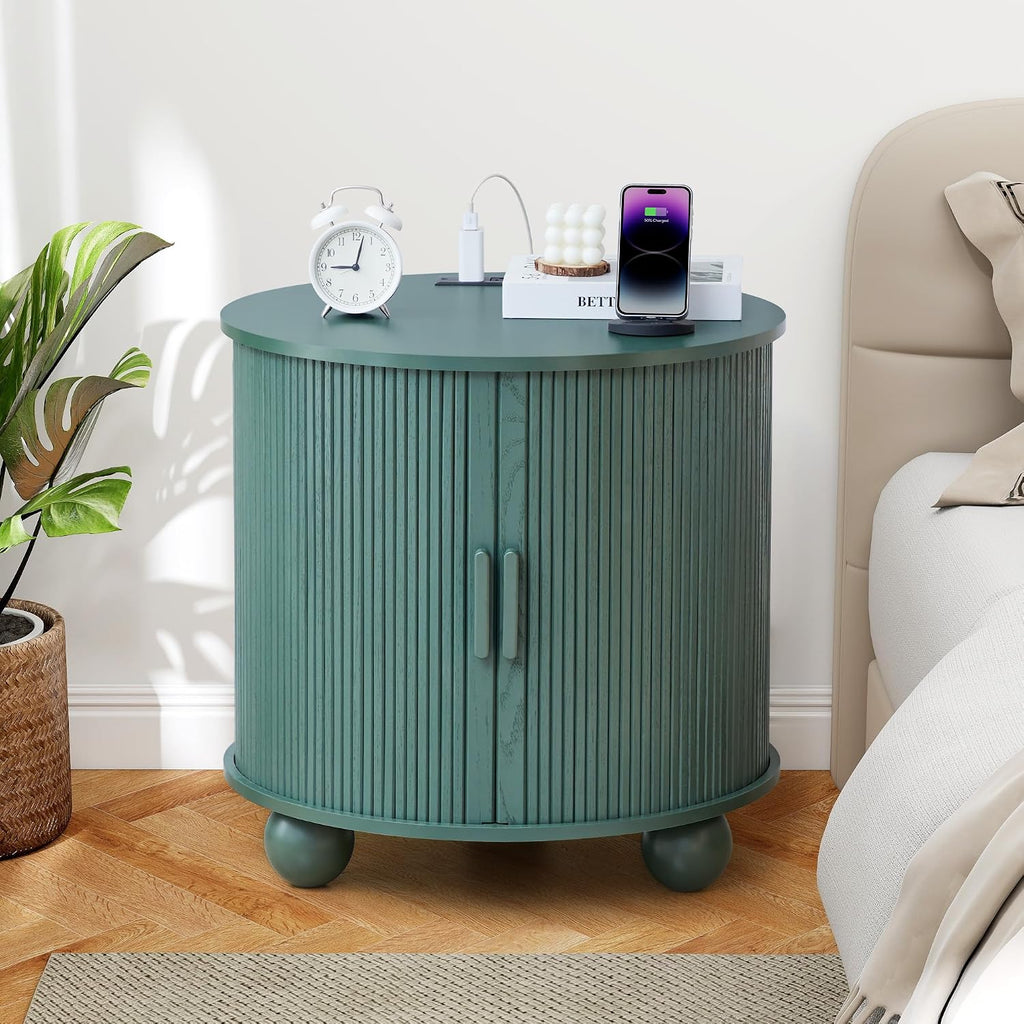 24 Inch Round Nightstand with Charging Station, Green Mid-Century Modern End Side Table with Fulted Sliding Door, Unique Vintage Bedside Table with Storage for Sofa, Couch, Bed (Round, Green)