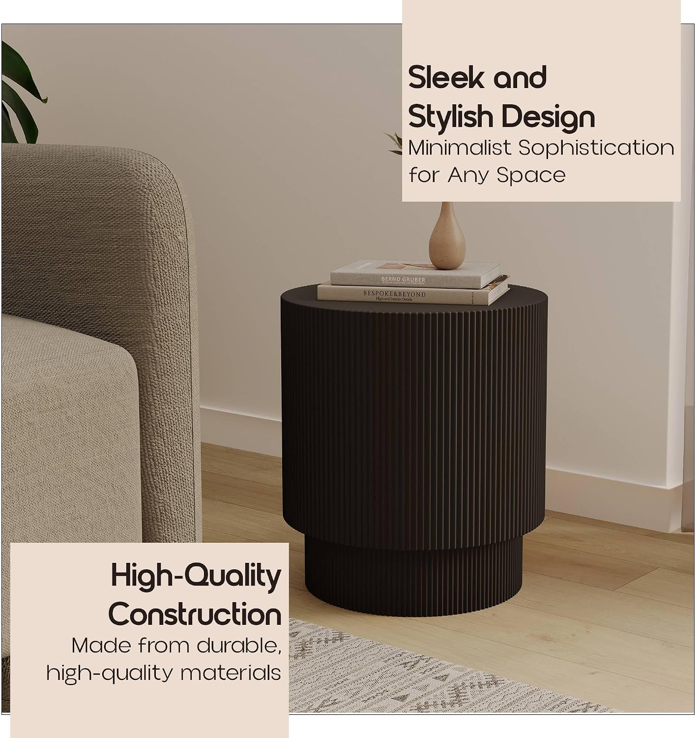 LeisureMod Modern Side Table Round Fiberstone Top Accent End Table for Home, Outdoor Patio, Living Room Sofa, Weather-Resistant, Eden Series in Black