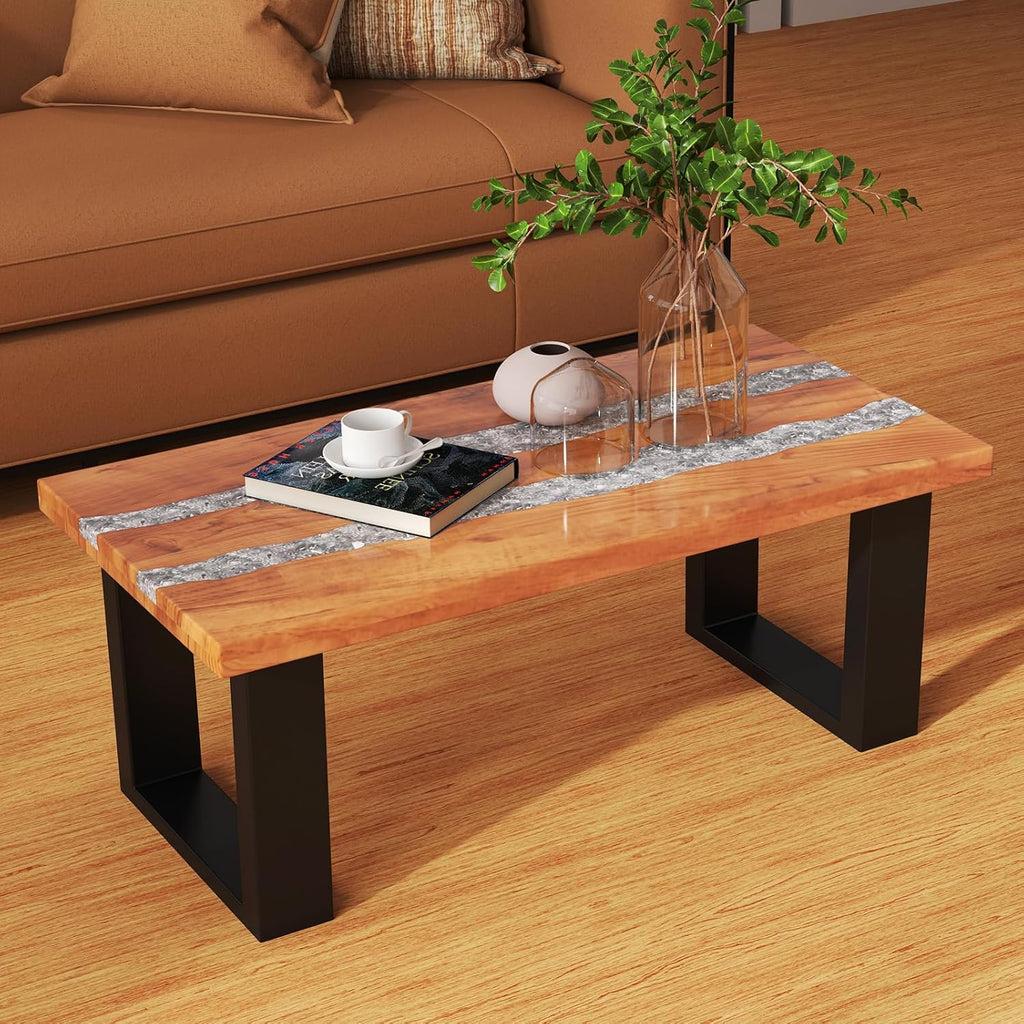 Giantex Teak Outdoor Coffee Table, Rectangular Resin Side Table with River Feel Epoxy Tabletop, Indoor Outdoor Solid Wood Center Table, Patio Table for Living Room, Poolside, Backyard